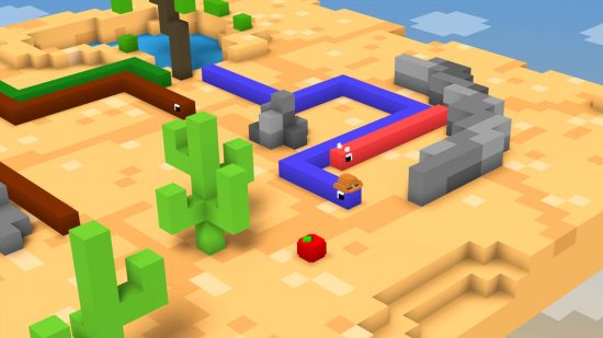 Juega a Snake en el móvil con este juego de Blocky Snake.  Captura de pantalla que muestra múltiples serpientes en bloques 3D navegando y nivel isométrico