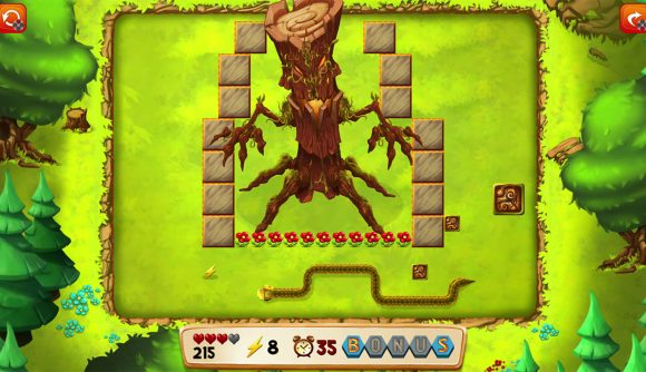 Play Snake - Classic Snake Adventures on Switch screenshot, showing a snake slithering past a tree boss
