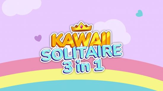 One of the many ways to play Solitaire on Switch and mobile, Kawaii Solitaire 3in1 logo above a pink, yellow, and blue rainbow with pink puffy clouds behind.