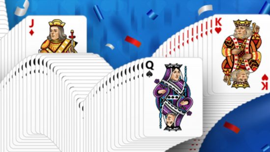 One of the many ways to play Solitaire on Switch and mobile, the Microsoft Solitaire Collection, showing three decks of cards splayed out on ablue background, with the final card showing, one is a queen, one is a king, on a jack.