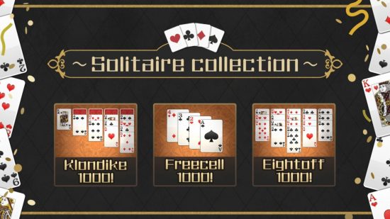 One of the many ways to play Solitaire on Switch and mobile, the Solitaire collection, showing three types of Solitaire below the game's name and logo of four cards of each suit.