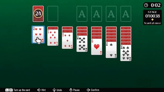 One of the many ways to play Solitaire on Switch and mobile, The Solitaire Collection, showing a classic Solitaire board with various cards stacked face down except for the last card, which is face up.