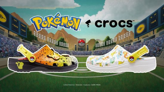 The Pokémon and Crocs logo above a pair of Crocs (basically plastic clogs with holes in them). The left one has various Pikachu sprites and a red and yellow gradient. On the right is a white croc with various different sprites of charizard, bulbasaur, and pikachu.