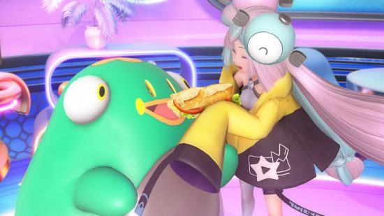 Captura de pantalla de Iona alimentando al nuevo Pokémon Bellibolt con un sándwich