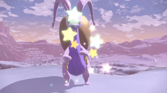 Pokemon Scarlet and Violet shiny: a screenshot from Pokemon Legends: Arceus shows a shiny Hisuian Goodra