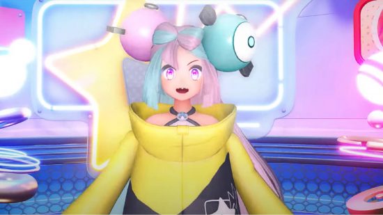 Pokemon Scarlet and Violet trailer: a screenshot from a recent Pokemon Scarlet and VIolet trailer shows the gym leader Iono, she has bright pink and blue hair, magnemite-style hair clips, and is wearing a puffy oversize yellow jacket