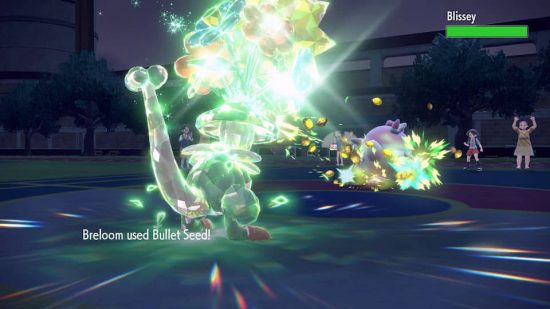 Pokemon Scarlet and Violet items: a Pokemon Scarlet and VIolet screenshot shows Breloom using the move bullet seed