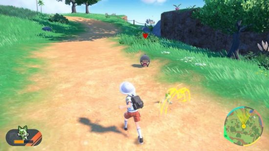 Pokemon Scarlet and Violet let's go: a trainer wanders around Paldea while their Pokemon battles of their own accord