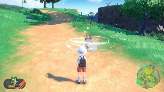 Pokemon Scarlet and Violet let's go: a trainer wanders around Paldea while their Pokemon battles of their own accord
