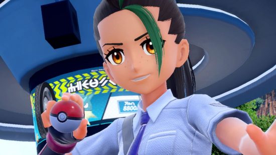 Screenshot of a trainer with a pokeball for Pokemon Scarlet and Violet release date trailer