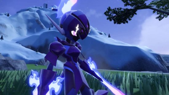Pokemon Violet's Ceruledge stood in a field with firery purple arms at night