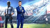 PUBG Mobile Lionel Messi collaboration: Lionel Messi is wearing a suit, and is stood next to the iconic player avatar from the game PUBG Mobile