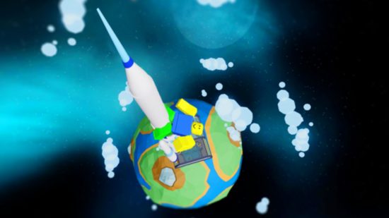 A Roblox character (sort of like a chunky Lego person) riding a rocket with a cartoony green and blue planet behind them, with blue cloud-like things in this space scene.
