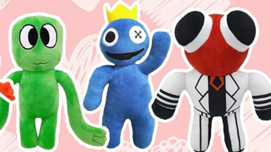 Assorted Rainbow Friends plush toys including the Blue Rainbow Friend and Red in their lab coat