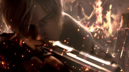 Resident Evil 2 Leon: Leon Kennedy stares down the barrel of a hand gun while sparks and flames fly around him 
