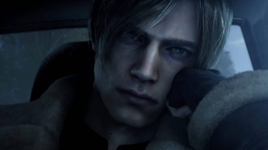 Resident Evil 2 Leon: Leon Kennedy leans his head against his hand while he endures a car ride
