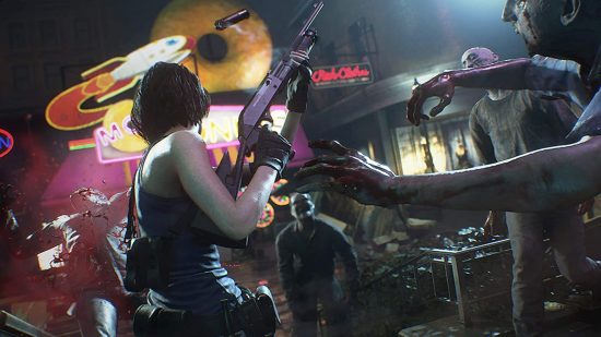 Jill Valentine fighting her way through zombies in search of Resident Evil 3 safe codes