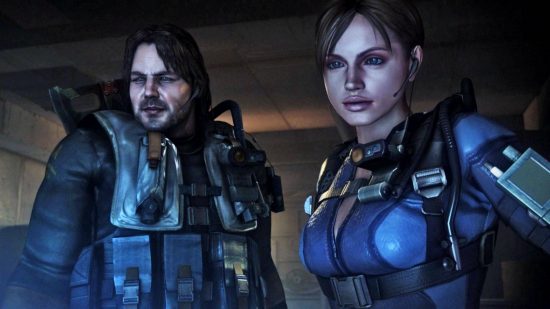 Resident Evil in order: Claire Redfield and another male character with a beard look forwards