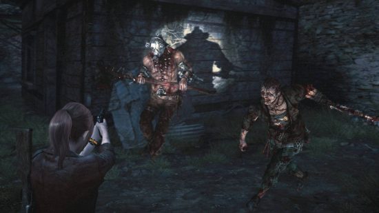 Resident Evil in order: Claire Redfield holds her gun up against two horrible zombies running towards her