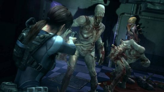 Resident Evil in order: Jill Valentine points her gun at several horrible zombie-like liquid characters
