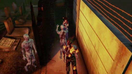 Resident Evil in order: Claire Redfield stands in a room surrounded by flaming zombies