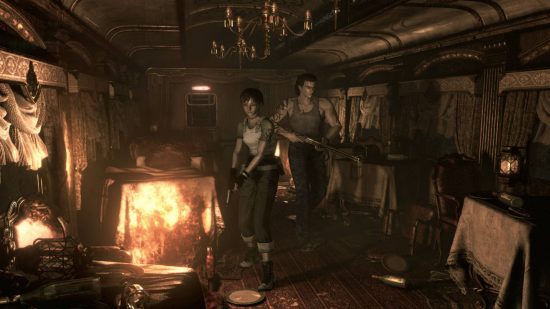 Resident Evil in order: a male and female character walk through a train overrun with zombies
