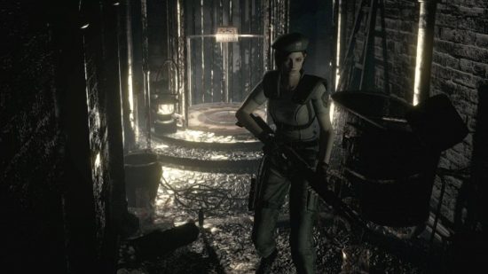 Resident Evil in order: Jill Valentine walks through a dark room with a lift in the background