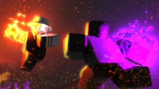 Art for Ro Fruit codes showing two Roblox characters (sort of like a chunky lego character) flying towards each other in a black space with one wielding purple fire, the other wearing a hat and harnessing orange fire.