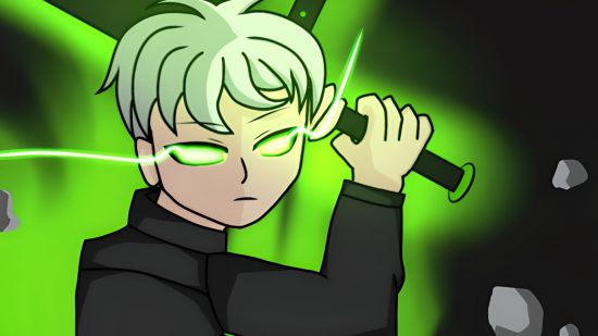 Art from Ro Fruit codes, a guide to freebies in the Roblox game, showing a boy with green short hair and green eyes wearing a black top wielding a sword behind his head in both hands.