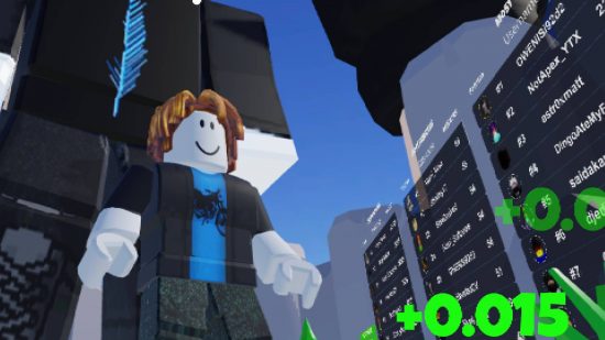 Roblox but every second you grow codes: a screenshot from a Roblox game shows gigantic Roblox avatars