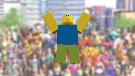 Roblox hacks: a plain Roblox character with their arms raised like the beginning of the YMCA dance. They have a blue torso, green legs, yellow head and arms. They are stood on a blurred white background of a crowd of Roblox characters.