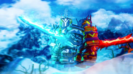 Grafika kodów RPG Champions przedstawiająca niebiesko-czerwoną postać w mroźnej scenie dzierżącej świecące miecze.