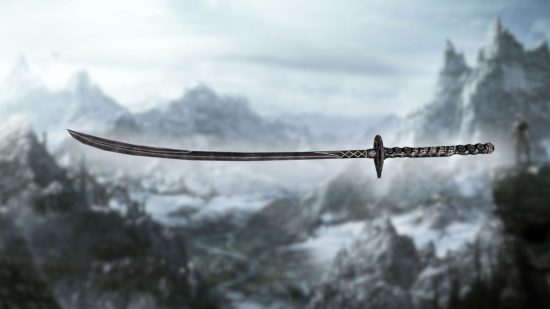 Custom image of the Skyrim ebony blade on a mountainous background