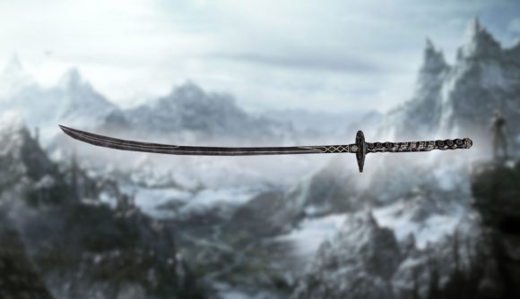 Custom image of the Skyrim ebony blade on a mountainous background