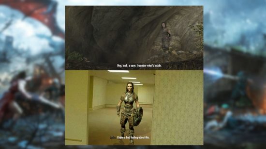 Screenshot of Skyrim Lydia backrooms meme