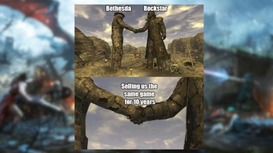 Skyrim and GTA V meme comparing Bethesda and Rockstar