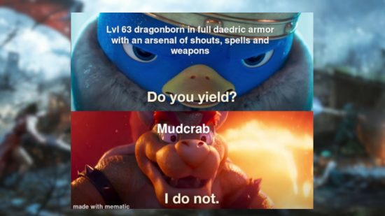 Skyrim Mario meme making fun of mudcraps from Skyrim