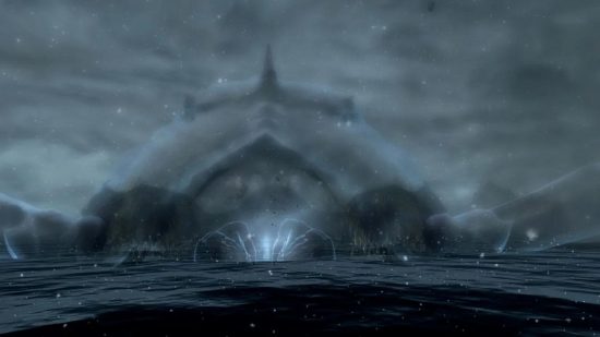 A dark, blizzard scene from Skyrim showing a strange ancient structure in the back, with a strange glow in the foreground, for our Skyrim Serana guide.