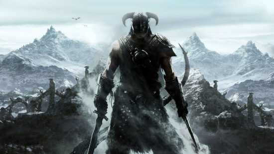 Example of Skyrim wallpaper with the dragonborn in the centre of the screen