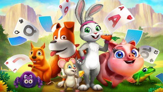 Screenshot for Solitaire Grand Harvest free links guide with some farmyard friends hanging out with the mascot dog