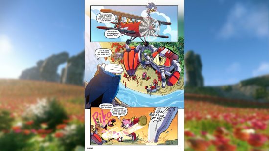 The first panel from the Sonic Frontiers comic, showing Sonic looking down on a large mechanical contraption on the beachside.