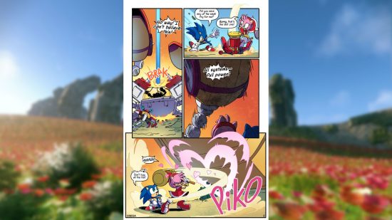 The second panel from the Sonic Frontiers comic, showing Sonic fighting a large red mechanical thing.