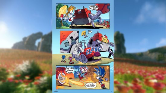 The third panel from the Sonic Frontiers comic, showing Sonic fighting a large red mechanical thing.