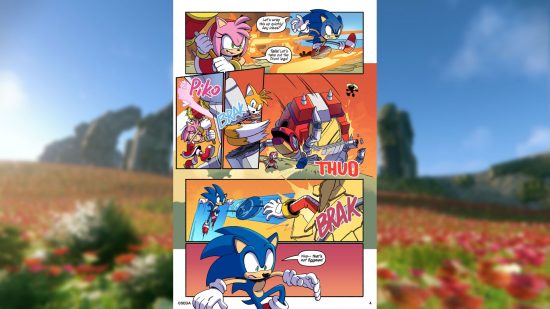 The fourth panel from the Sonic Frontiers comic, showing Sonic fighting a large red mechanical thing and seeing that who's inside is not Dr. Eggman, who he was expecting.