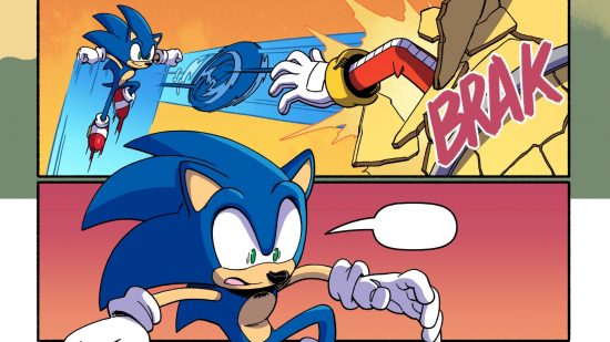 A section of a panel from the Sonic Frontiers comic prologue, showing Sonic fighting a character in a red outfit with white gloves above, then below looking shocked. Sonic is a blue humanoid hedgehog.