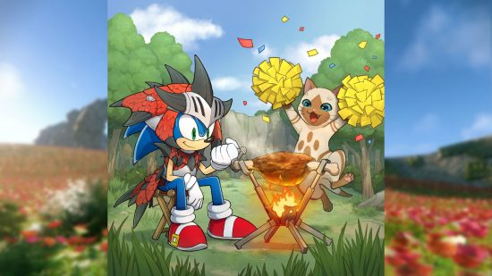 Art for the upcoming Sonic Frontiers DLC, showing Sonic dressed in animal armour next to a cat cheerleading as he cooks meat over a campfire in a forest setting.