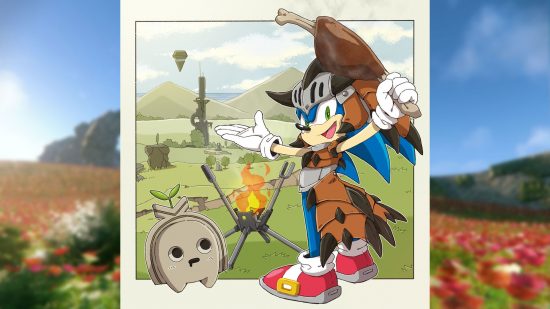 Art for the upcoming Sonic Frontiers DLC, showing Sonic dressed in animal armour presenting with his hand a campfire in a wide open green plain. Sonic is a blue hedgehog, with red shoes and white gloves.