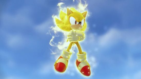 screenshot of a superpowered Sonic in yellow from the Sonic Frontiers combat trailer