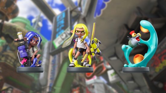 The three new Splatoon 3 amiibo for... a yellow haired inkling with a bow, a blue haired octoling, and the little buddy from the single player mode.