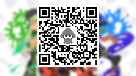 A Splatoon 3 QR code with a cartoon sea-creature in the middle, in front of a blurred yellow, red, and pink background.